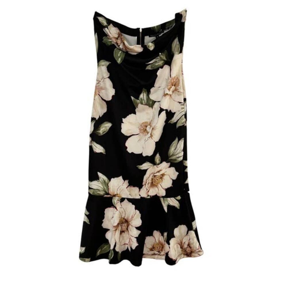 Haute Monde Black With Cream Floral Design Bodycon Midi Strapless Dress Medium